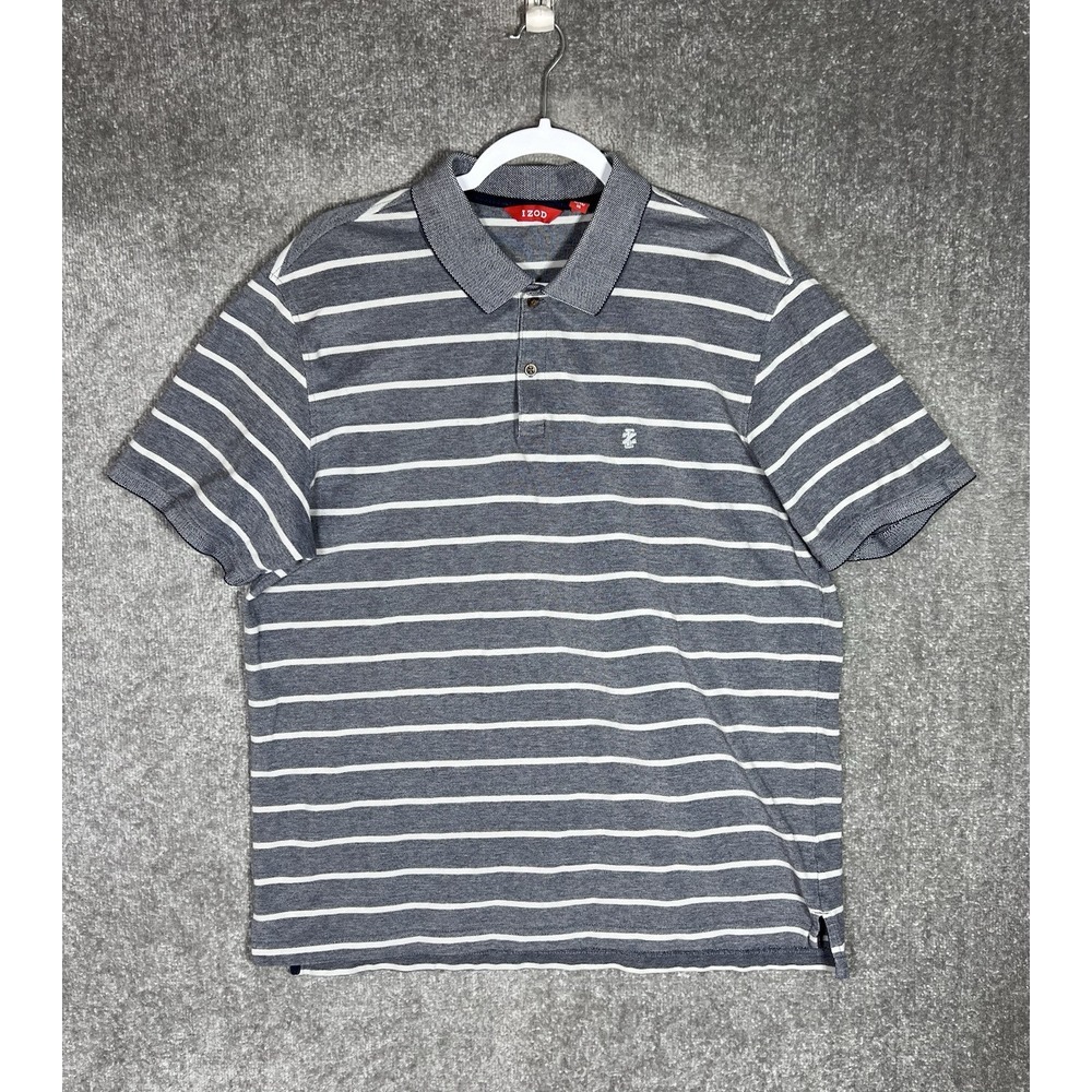 IZOD Polo Shirt Mens Size XL Gray-Blue White Striped Cotton Short Sleeve‎